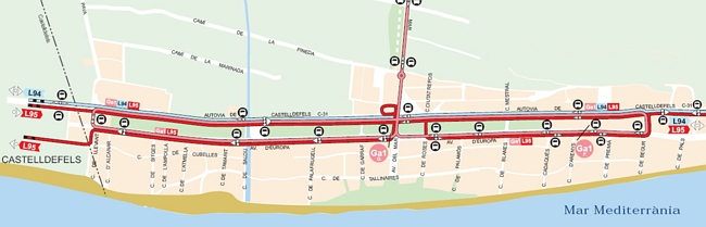 Mapa amb la localització de totes les parades i línies d'autobús de Gavà Mar i Gavà